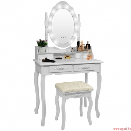 Coiffeuse Cosmétique "ROSE" Blanc avec Miroir LED + Tabouret